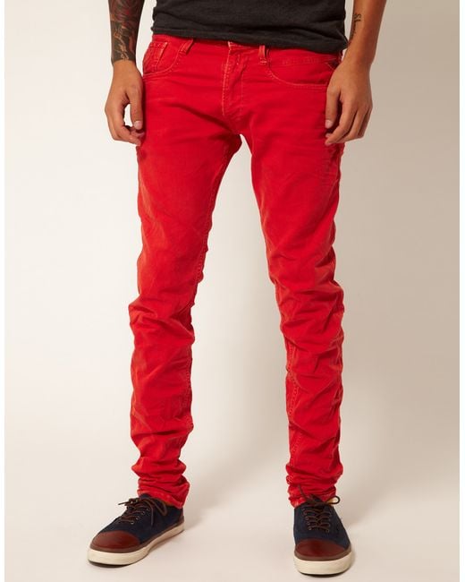 Replay Jeans Anbass Regular Slim Fit Red Overdye Denim for Men | Lyst