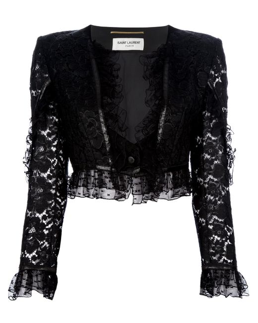 Saint Laurent Black Lace and Leather Cropped Jacket