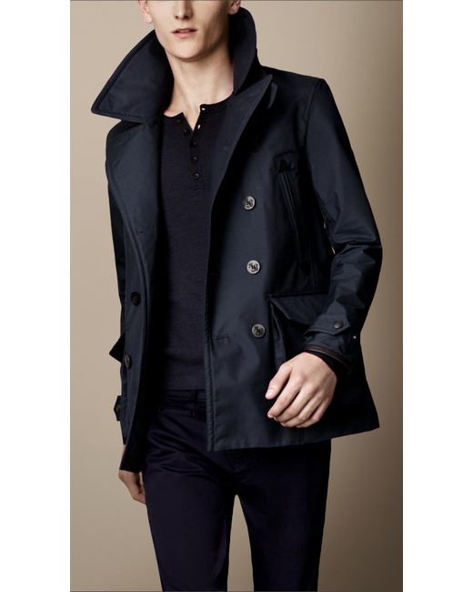 Burberry Blue Leather Detail Seamsealed Pea Coat for men