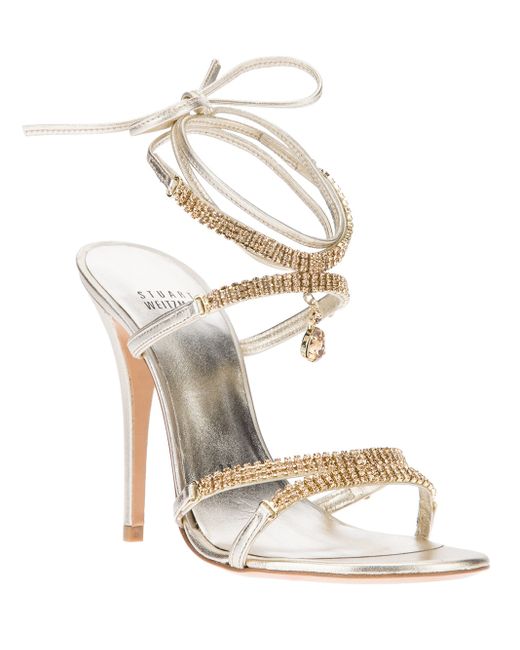 Stuart Weitzman Metallic Crystal Heeled Strappy Sandal