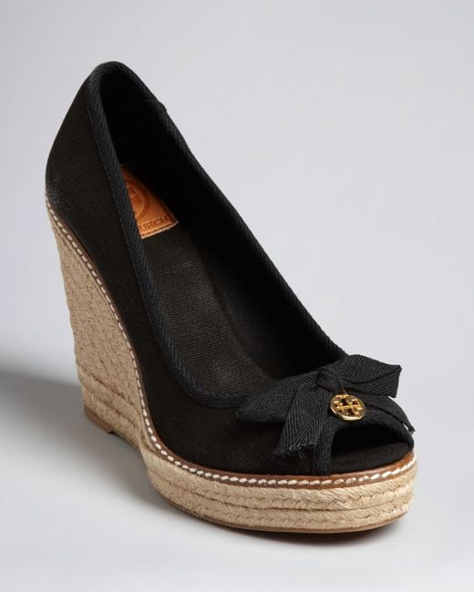 Tory Burch Black Peep Toe Platform Wedge Espadrilles Jackie