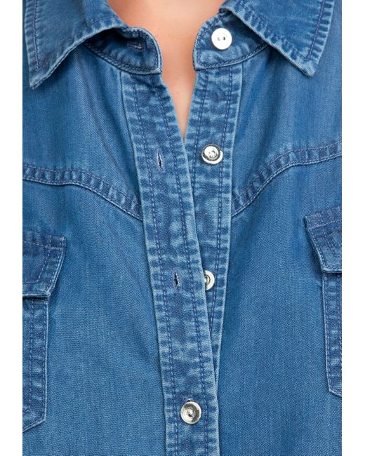 Bebe Sleeveless Denim Shirt in Blue 