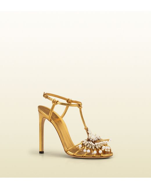 Gucci Metallic Phoebe High Heel Sandal with Jeweled Embroidery
