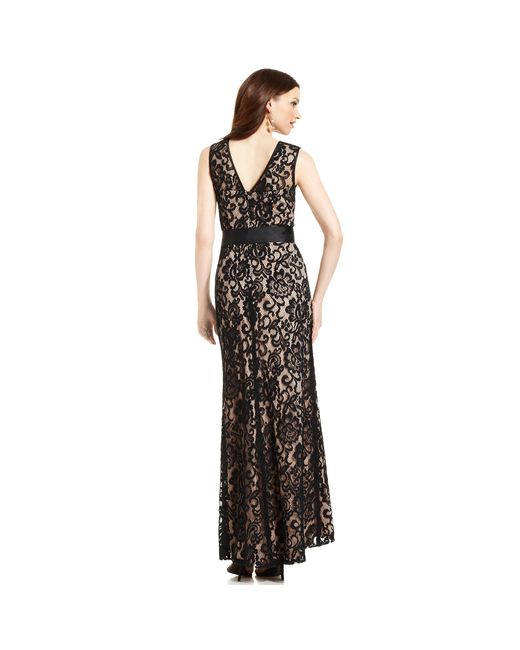 Betsy & Adam Black Betsy and Adam Dress Sleeveless Belted Lace Gown