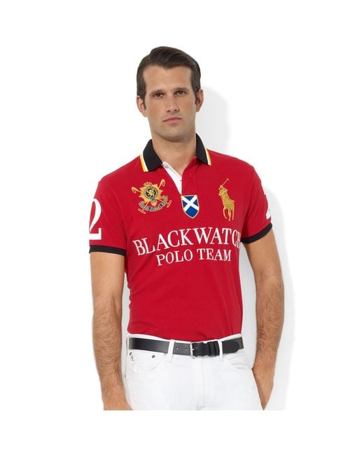 Ralph Lauren Red Custom Fit Short Sleeve Black Watch Mesh Polo Shirt for men