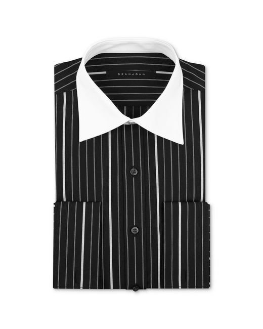 Sean John Black and White Pinstripe Longsleveed Shirt with White Collar and French Cuffs for men
