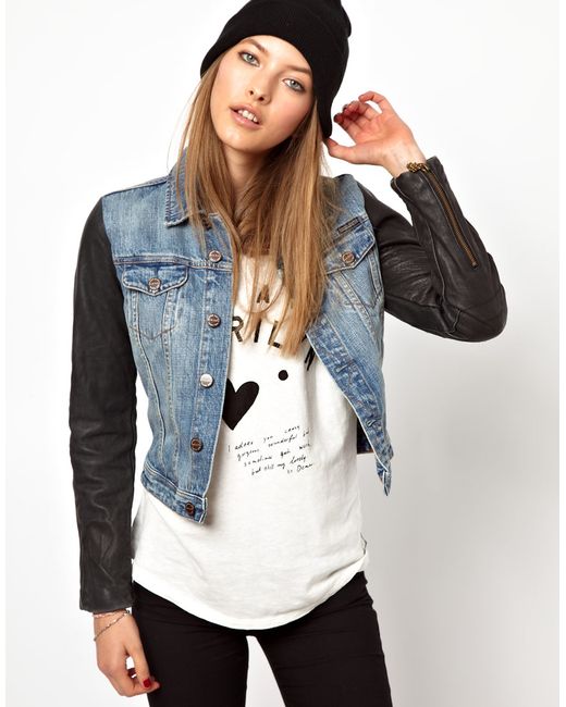 ASOS Maison Scotch Denim Jacket with Leather Sleeves in Black