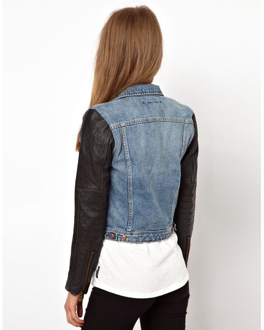 ASOS Maison Scotch Denim Jacket with Leather Sleeves in Black Lyst