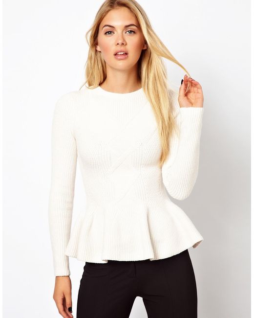 Ted Baker White Cable Knit Jumper with Peplum Hem