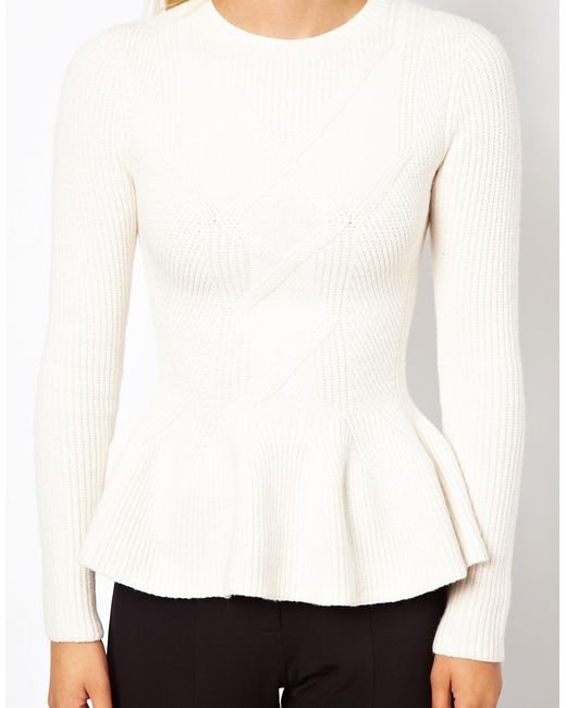 Ted Baker Cable Knit Jumper with Peplum Hem in White | Lyst