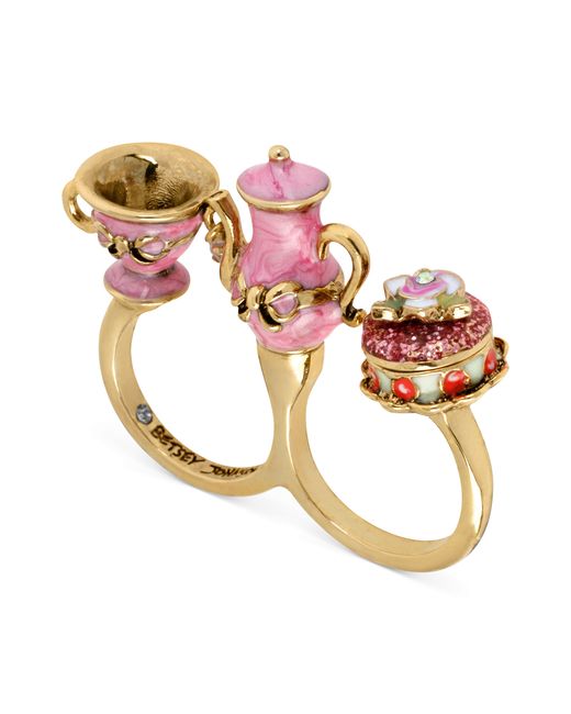 Betsey Johnson Antique Goldtone Pink Teapot and Cup Twofinger Ring