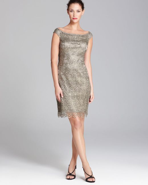 Kay Unger Sequin Lace Dress Boat Neck in Gray | Lyst