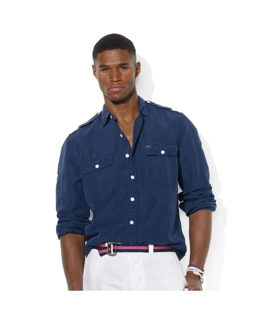 Ralph Lauren Blue Long Sleeve Military Gi Linen and Silk Epaulet Shirt for men
