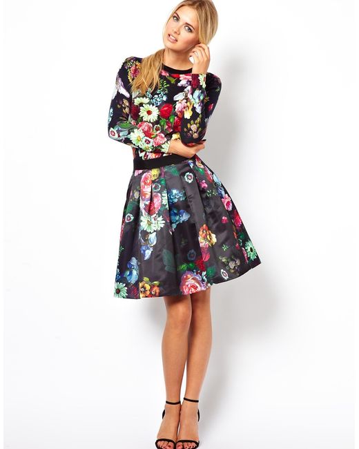 Ted Baker Black Full Skirt in All Over Floral Print