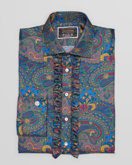 Thomas Pink Blue Fab Four Collection Silk Paisley Ruffle Dress Shirt Contemporary Fit Exclusive To Bloomingdales for men