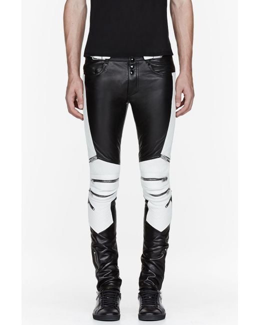 Saint Laurent Black and White Ribbed Zipped Biker Pants for Men