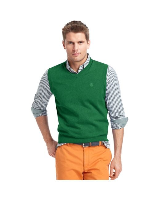 Izod Green Izod Sweater Vest Vneck Essential Finegauge Lightweight Sweater Vest for men