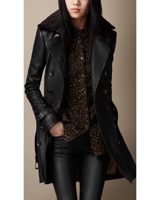 Burberry Black Midlength Shearling Collar Leather Trench Coat