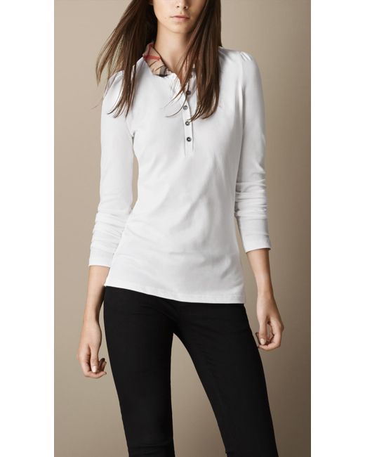 Burberry White Long Sleeve Check Collar Polo Shirt