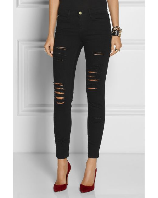 FRAME Le Skinny De Jeanne Distressed Midrise Skinny Jeans in Black | Lyst  Canada