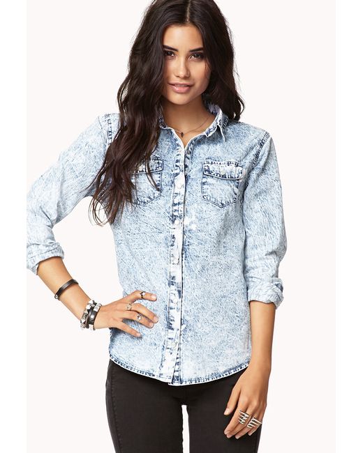 Acid wash denim shirt womens Clearance