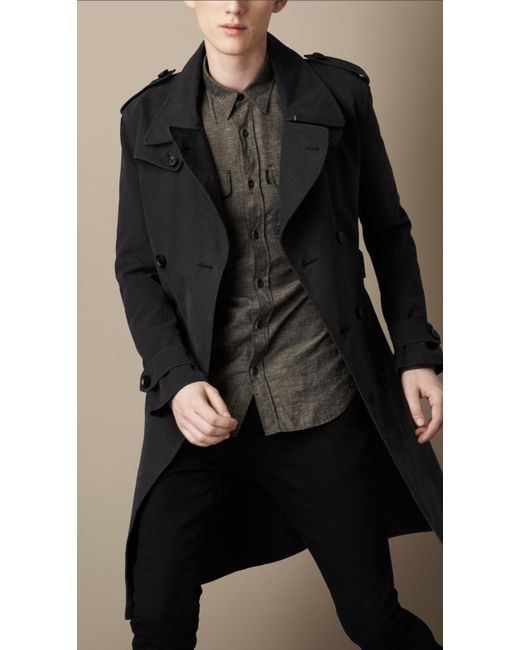 Burberry Black Long Brushed Cotton Military Trench Coat for men