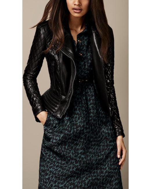Burberry Quilted Leather Peplum Biker Jacket in Black | Lyst