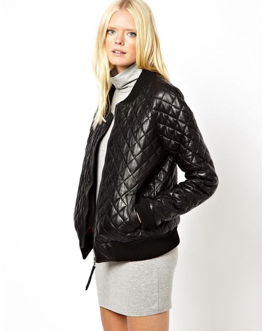 Glamorous Just Female Quilted Leather Bomber Jacket in Black | Lyst