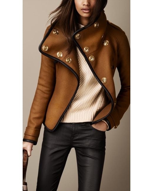 Burberry Brown Leather Trim Blanket Wrap Jacket