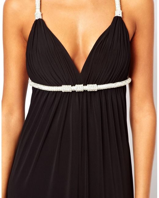 Forever Unique Plunge Neck Maxi Dress with Crystal Rope Straps in Black |  Lyst