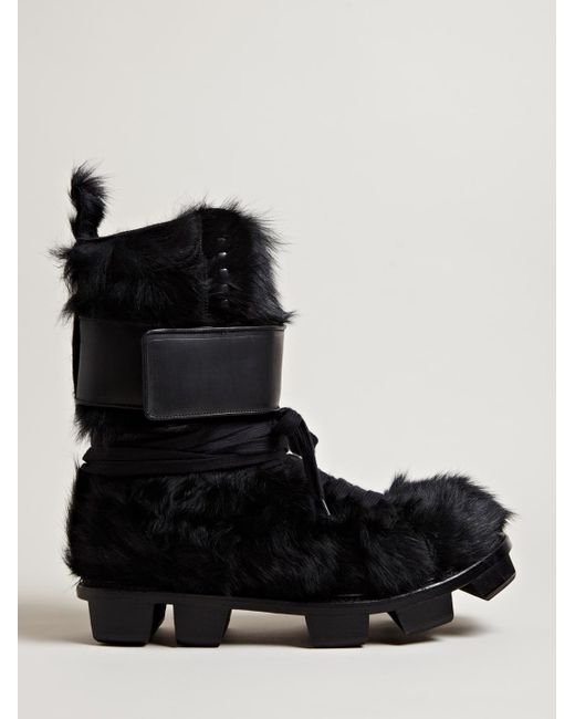 Rick Owens Mens Furry Pony Skin Plinth Boots in Black for Men | Lyst