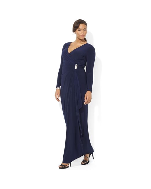 Lauren by Ralph Lauren Blue Long-sleeve Jersey Gown with Brooch
