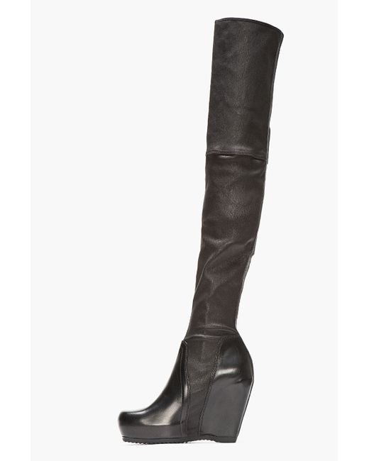 Rick Owens Black Stretch Leather Over The Knee Wedge Boots | Lyst