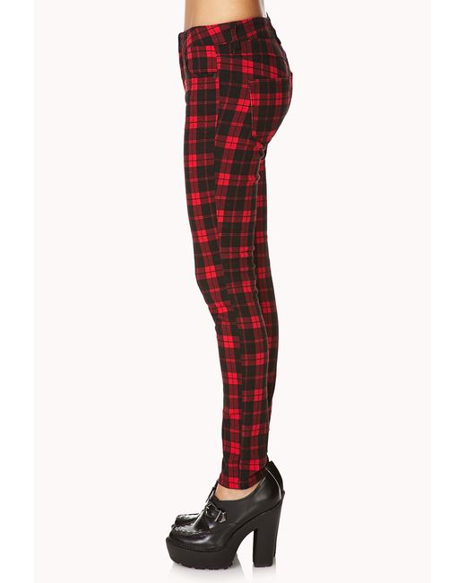 Forever 21 Plaid Skinny Jeans in Red 