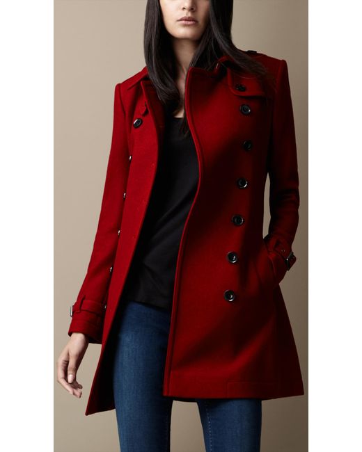 Burberry Midlength Wool Blend Trench Coat in Red | Lyst