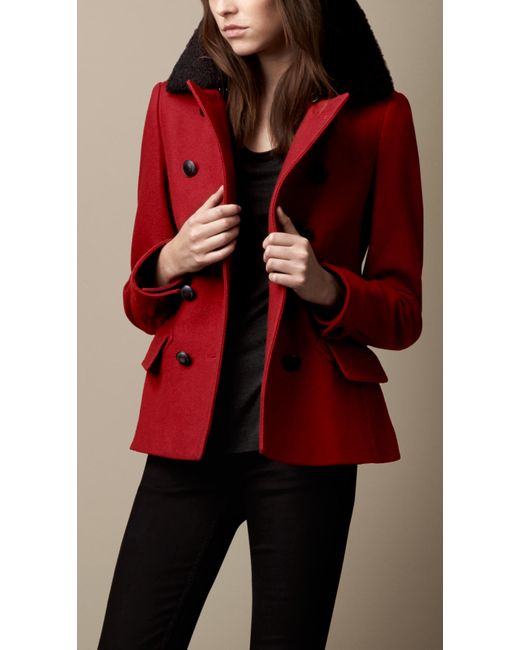 Burberry Shearling Collar Pea Coat in Red | Lyst UK
