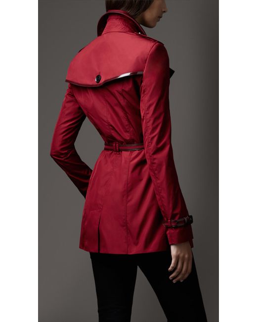 Burberry Red Short Slim Fit Patent Trim Trench Coat
