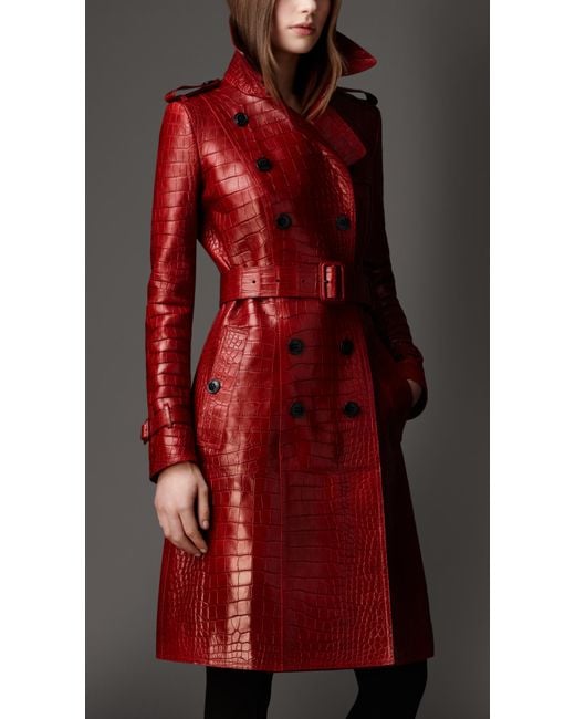 Burberry Long Alligator Leather Trench Coat in Red | Lyst