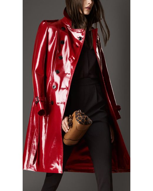 Burberry Red Long Patent Finish Trench Coat