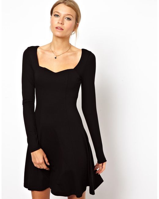 Free People Black Dress with Sweetheart Neck and Long Sleeve
