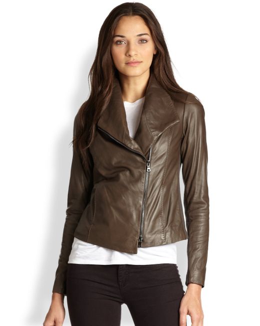 Vince Leather Ribbed Knit Scuba Jacket in Brown | Lyst