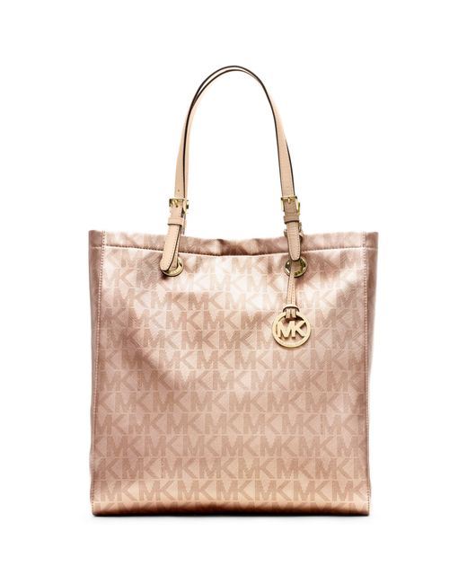 Michael Kors Signature Metallic North South Tote in Pink | Lyst
