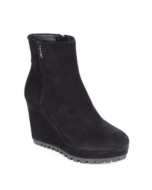 Prada Suede Wedge Ankle Boots in Black 