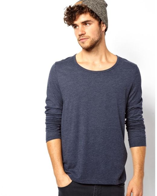 ASOS Blue Long Sleeve T-Shirt With Bound Scoop Neck for men