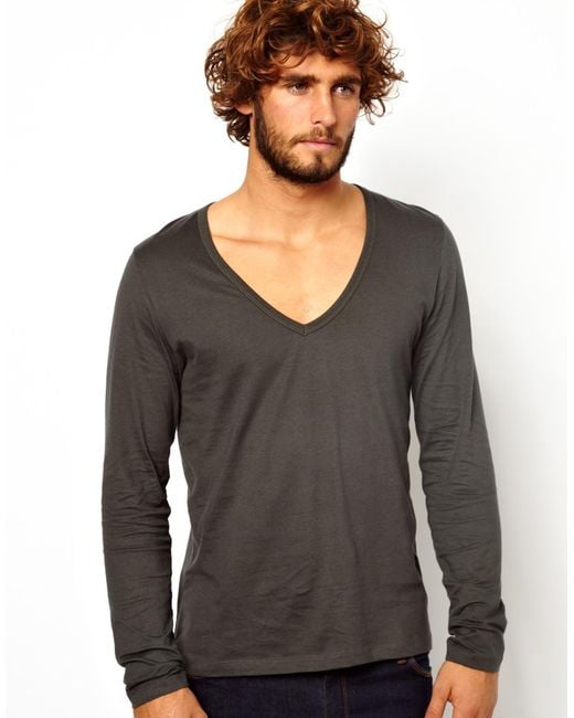 ASOS Long Sleeve Tshirt with Deep V Neck in Black for Men