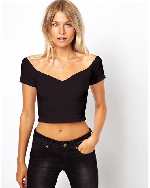 ASOS Black Crop Top With Bardot Sweetheart Neckline