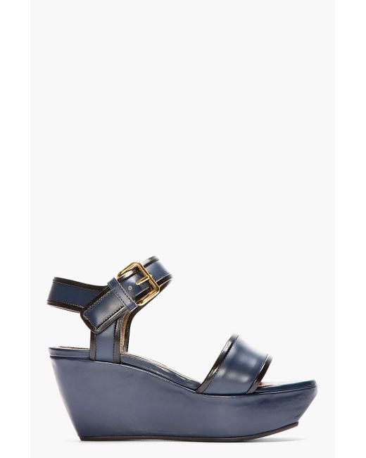Marni Navy Leather Wedge Sandals in Blue | Lyst