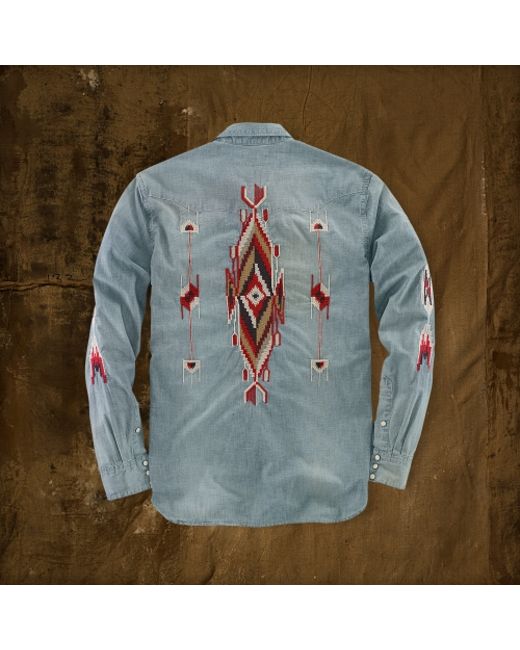 Denim & Supply Ralph Lauren Blue Embroidered Western Shirt for men