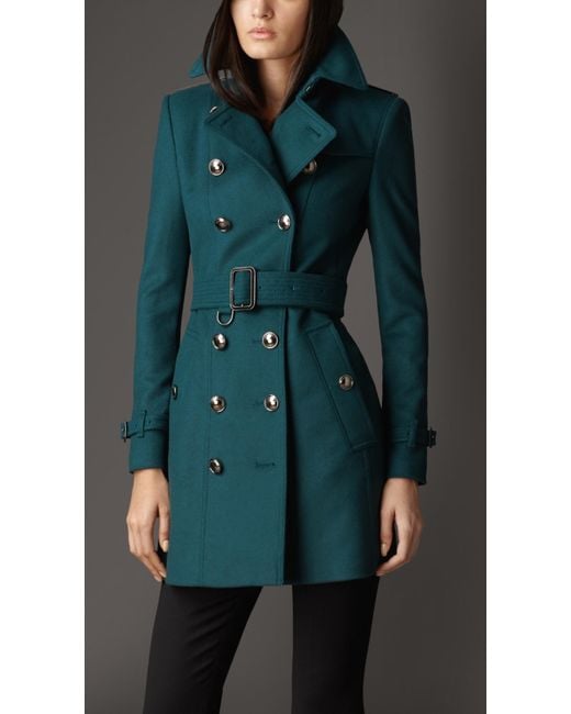 Burberry Green Mid Length Slim Fit Wool Cashmere Trench Coat