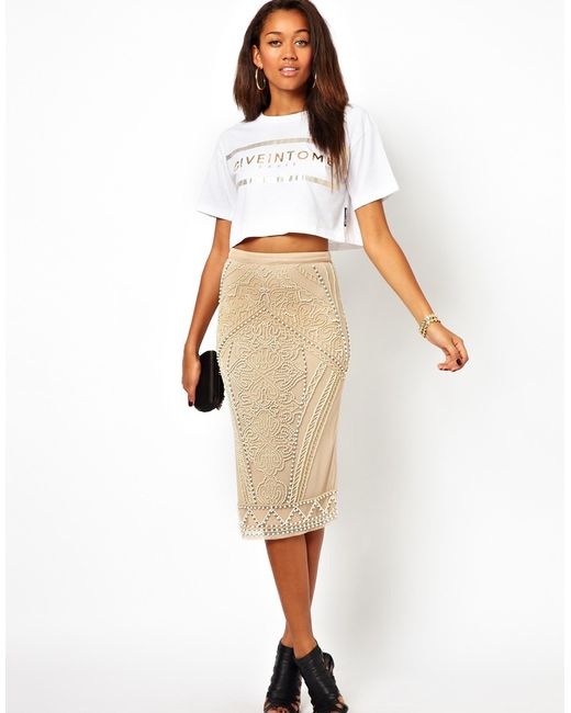 ASOS River Island Pearl Embellished Pencil Skirt in Natural | Lyst